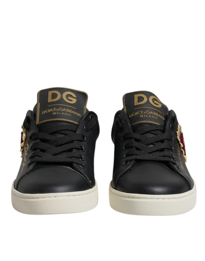 Dolce & Gabbana Black Leather Gold Red Heart Sneakers Shoes - Sandy Store ByNet