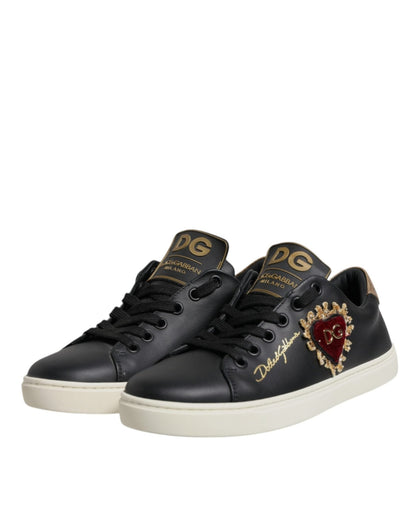 Dolce & Gabbana Black Leather Gold Red Heart Sneakers Shoes - Sandy Store ByNet
