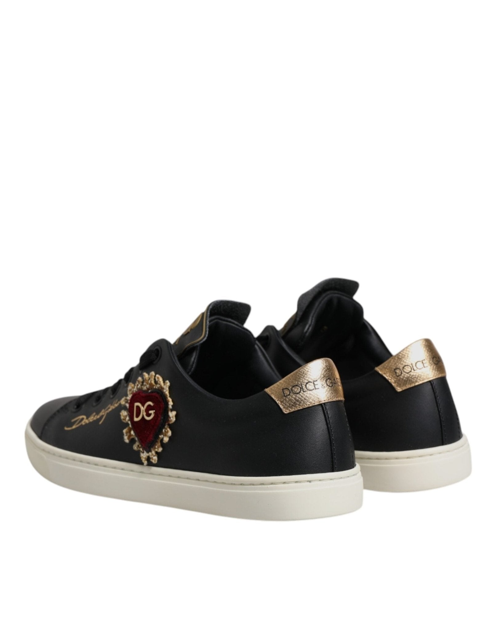 Dolce & Gabbana Black Leather Gold Red Heart Sneakers Shoes - Sandy Store ByNet
