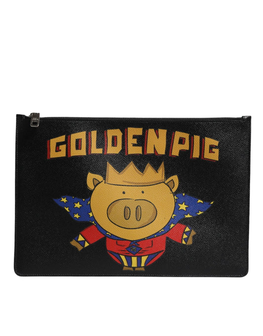 Dolce & Gabbana Black Leather Golden Pig Print Logo Plaque Men Pouch Bag - Sandy Store ByNet