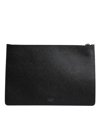 Dolce & Gabbana Black Leather Golden Pig Print Logo Plaque Men Pouch Bag - Sandy Store ByNet