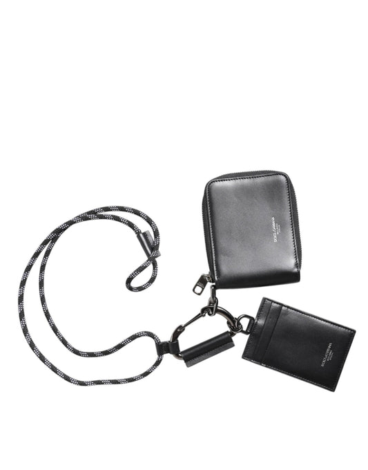 Dolce & Gabbana Black Leather Lanyard Zip Around Card Holder Wallet - Sandy Store ByNet