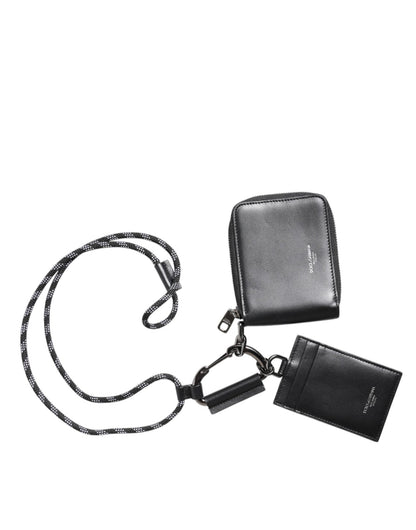 Dolce & Gabbana Black Leather Lanyard Zip Around Card Holder Wallet - Sandy Store ByNet