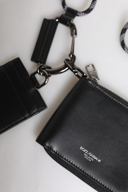 Dolce & Gabbana Black Leather Lanyard Zip Around Card Holder Wallet - Sandy Store ByNet