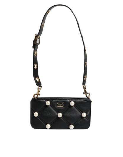 Dolce & Gabbana Black Leather Pearl Embellished Logo Shoulder Bag – par Dolce & Gabbana | Disponible sur Sandy Store ByNet