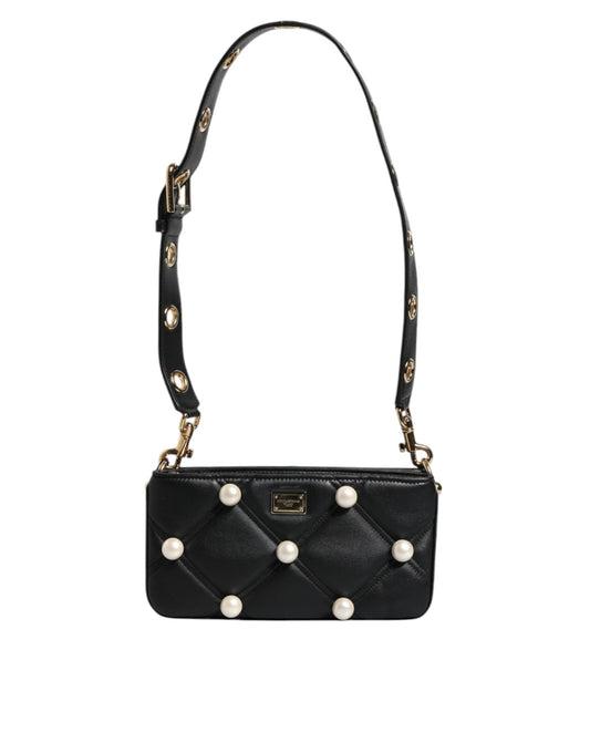 Dolce & Gabbana Black Leather Pearl Embellished Logo Shoulder Bag – par Dolce & Gabbana | Disponible sur Sandy Store ByNet