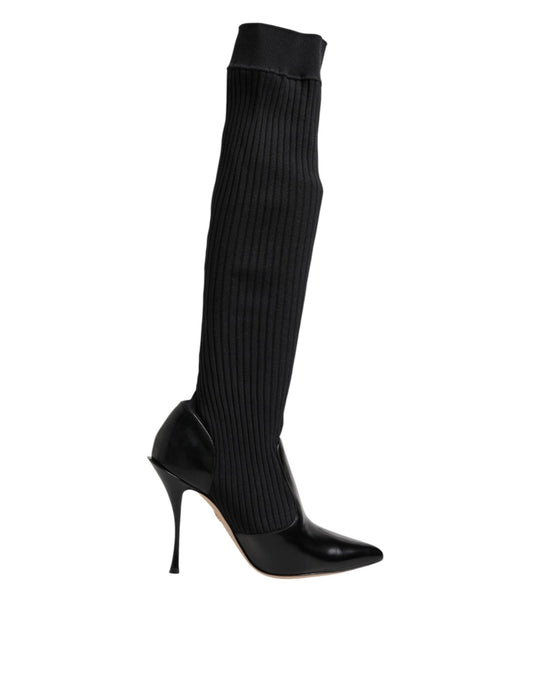 Dolce & Gabbana Black Leather Ribbed Knit Knee Boots Shoes – EU38/US7.5 par Dolce & Gabbana | Disponible sur Sandy Store ByNet