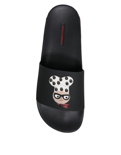 Dolce & Gabbana Black Leather Slides Sandals Beachwear Shoes - Sandy Store ByNet