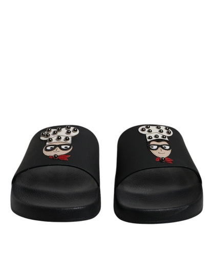 Dolce & Gabbana Black Leather Slides Sandals Beachwear Shoes - Sandy Store ByNet