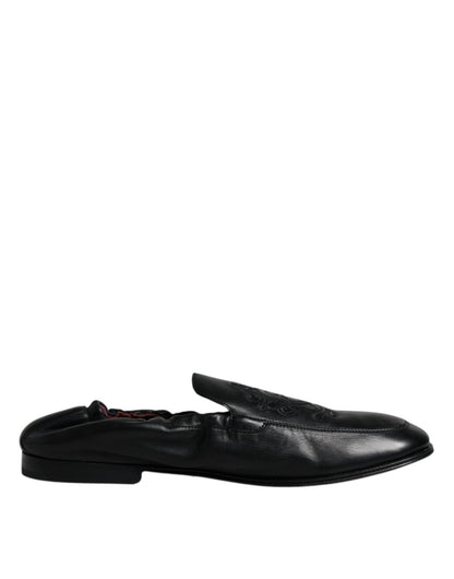 Dolce & Gabbana Black Logo Embroidered Leather Loafer Men Dress Shoes - Sandy Store ByNet