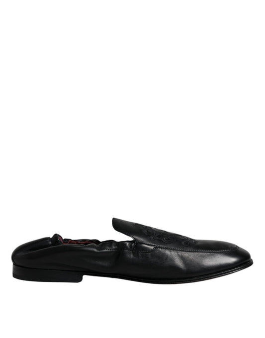 Dolce & Gabbana Black Logo Embroidered Leather Loafer Men Dress Shoes - Sandy Store ByNet