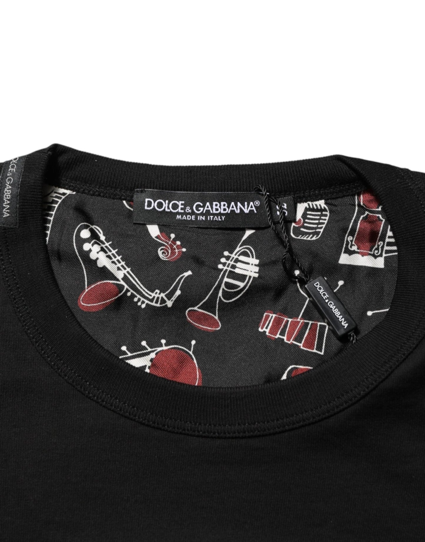 Dolce & Gabbana Black Musical Print Cotton Crew Neck T-shirt – IT52 | XL par Dolce & Gabbana | Disponible sur Sandy Store ByNet