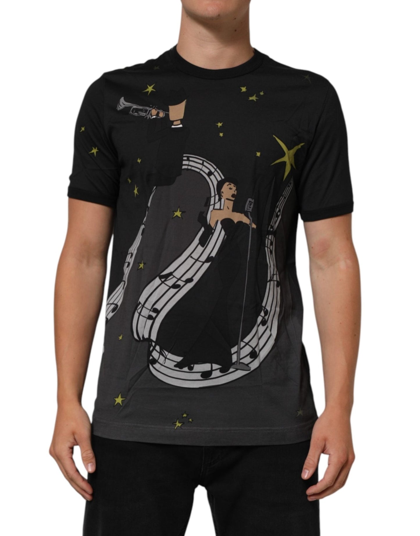 Dolce & Gabbana Black Musical Print Cotton Crew Neck T-shirt – IT54 | XL par Dolce & Gabbana | Disponible sur Sandy Store ByNet