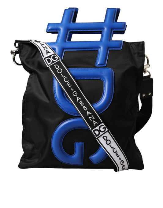 Dolce & Gabbana Black Nylon Blue Leather Hashtag Shopping Tote Bag - Sandy Store ByNet