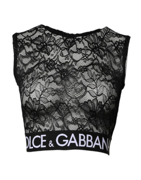 Dolce & Gabbana Black Nylon Floral Lace Sleeveless Crop Top - Sandy Store ByNet