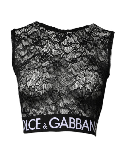 Dolce & Gabbana Black Nylon Floral Lace Sleeveless Crop Top - Sandy Store ByNet