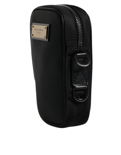 Dolce & Gabbana Black Nylon Leather Logo Plaque Crossbody Sling Bag - Sandy Store ByNet