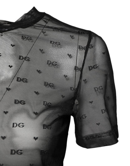Dolce & Gabbana Black Nylon Sheer Logo Monogram Crew Neck Top - Sandy Store ByNet