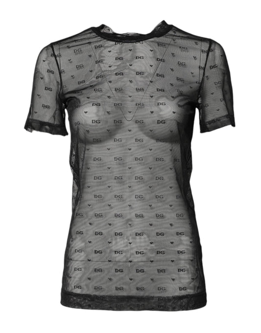 Dolce & Gabbana Black Nylon Sheer Logo Monogram Crew Neck Top - Sandy Store ByNet