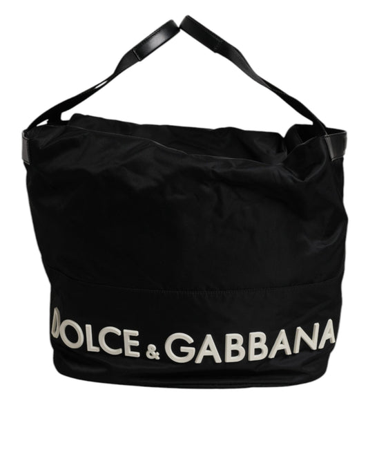 Dolce & Gabbana Black Nylon White Iconic Logo Shoulder Bucket Bag - Sandy Store ByNet