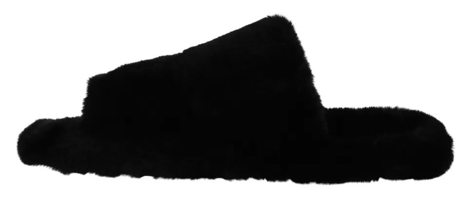 Dolce & Gabbana Black Polyester Faux Fur Mens Flats Sandals Shoes - Sandy Store ByNet