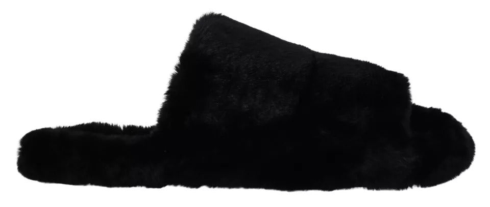 Dolce & Gabbana Black Polyester Faux Fur Mens Flats Sandals Shoes - Sandy Store ByNet