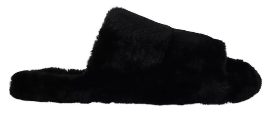 Dolce & Gabbana Black Polyester Faux Fur Mens Flats Sandals Shoes - Sandy Store ByNet