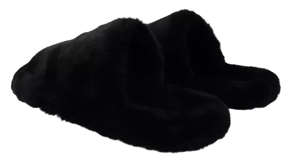 Dolce & Gabbana Black Polyester Faux Fur Mens Flats Sandals Shoes - Sandy Store ByNet