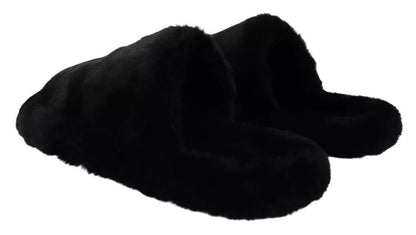 Dolce & Gabbana Black Polyester Faux Fur Mens Flats Sandals Shoes - Sandy Store ByNet