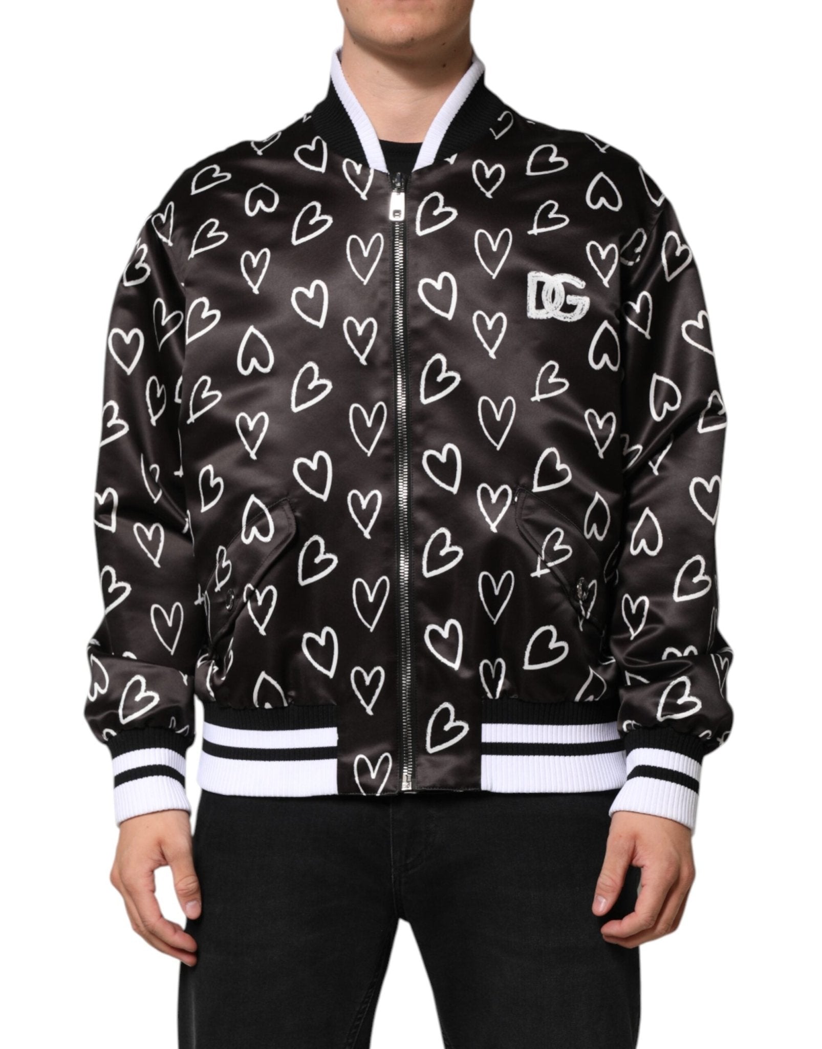 Dolce & Gabbana Black Polyester Heart Print Bomber Jacket – IT52 | XL par Dolce & Gabbana | Disponible sur Sandy Store ByNet