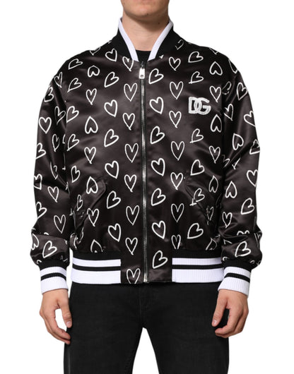 Dolce & Gabbana Black Polyester Heart Print Bomber Jacket – IT52 | XL par Dolce & Gabbana | Disponible sur Sandy Store ByNet