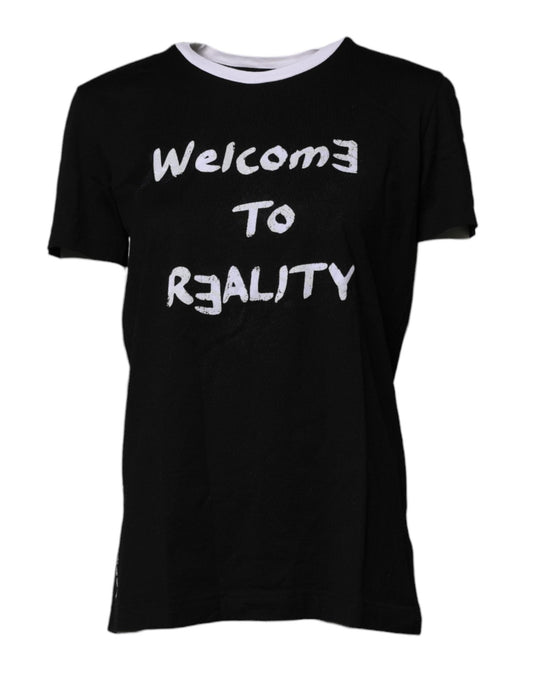 Dolce & Gabbana Black Printed Round Neck Top Cotton T-shirt - Sandy Store ByNet