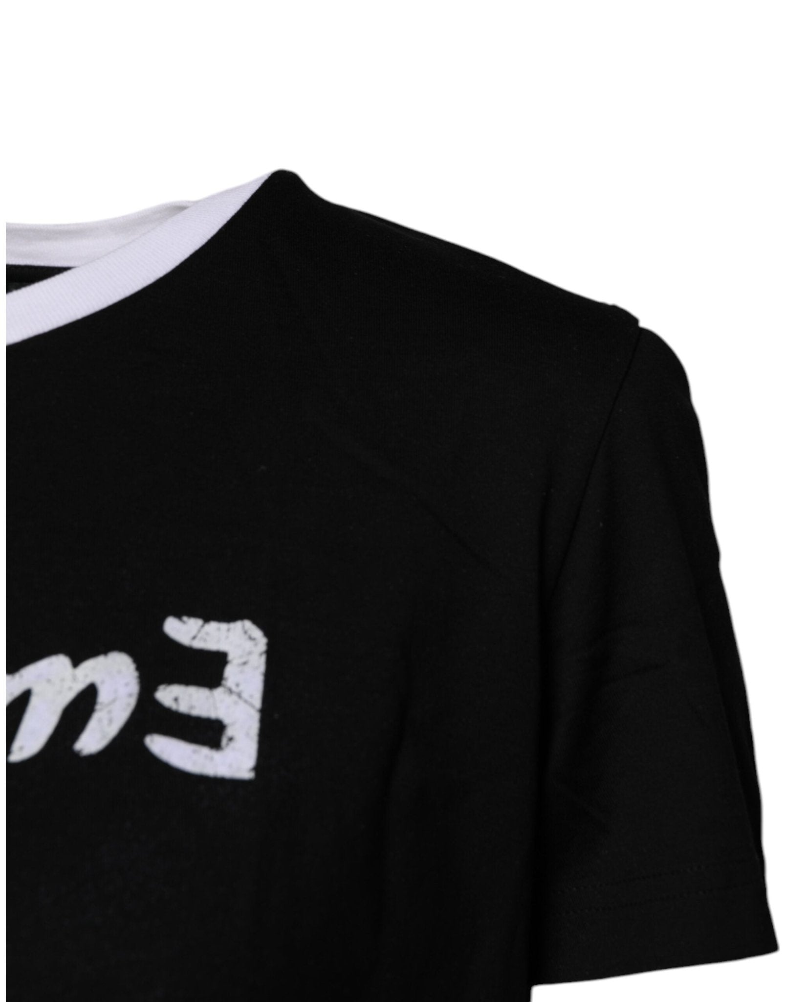 Dolce & Gabbana Black Printed Round Neck Top Cotton T-shirt - Sandy Store ByNet