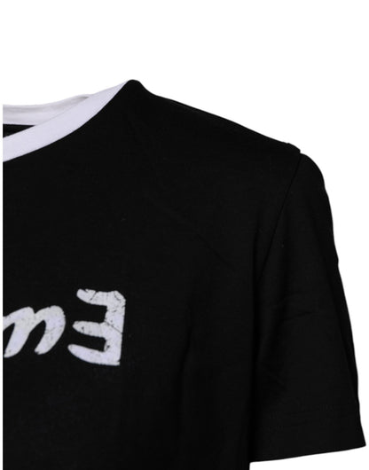 Dolce & Gabbana Black Printed Round Neck Top Cotton T-shirt - Sandy Store ByNet