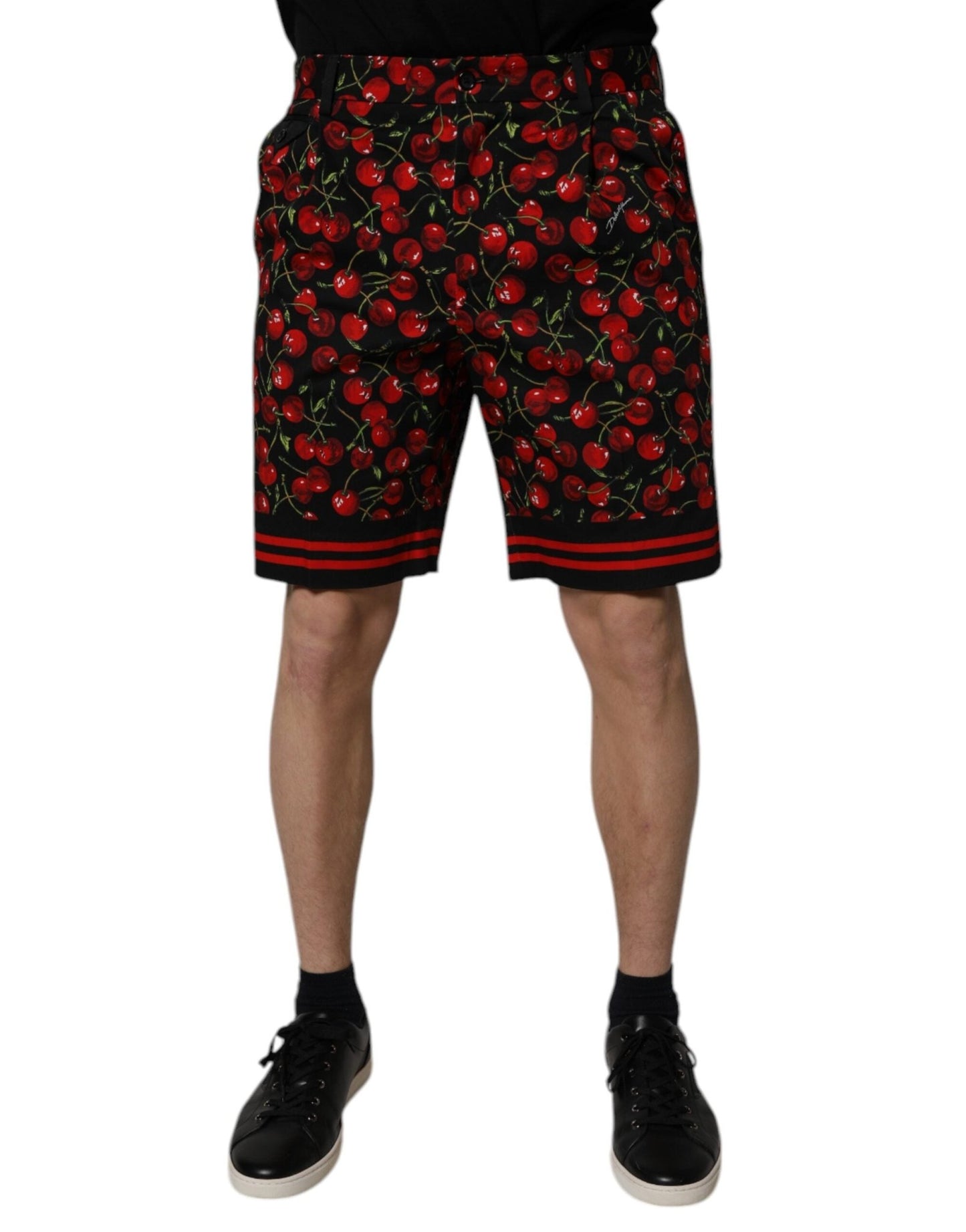 Dolce & Gabbana Black Red Cherry Print Bermuda Cotton Shorts - Sandy Store ByNet