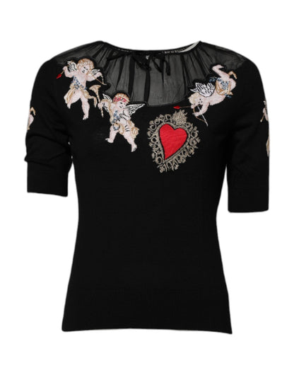 Dolce & Gabbana Black Sacred Heart Embroidered Crewneck Top – IT36|XXS par Dolce & Gabbana | Disponible sur Sandy Store ByNet