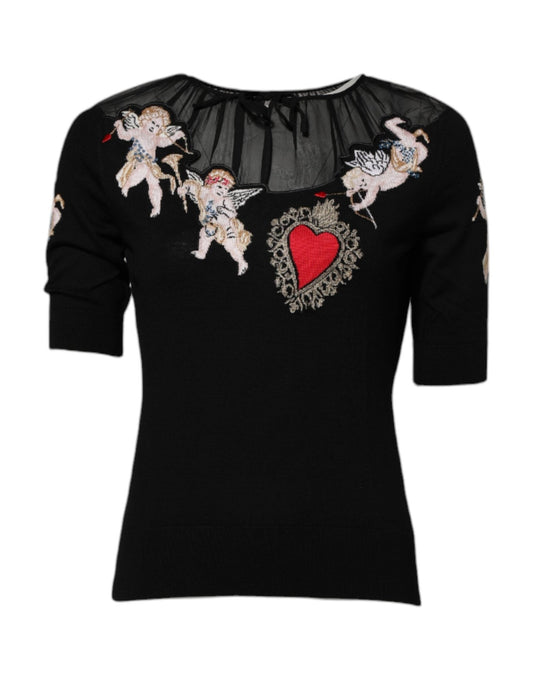 Dolce & Gabbana Black Sacred Heart Embroidered Crewneck Top – IT36|XXS par Dolce & Gabbana | Disponible sur Sandy Store ByNet