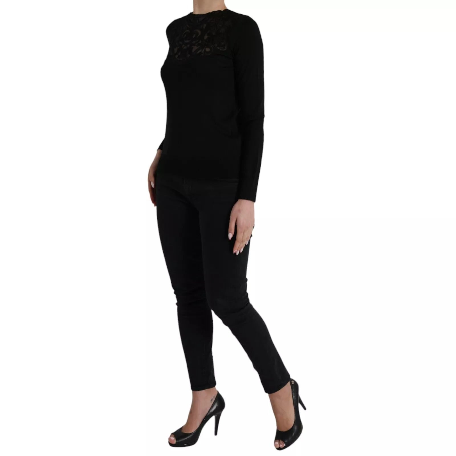 Dolce & Gabbana Black Silk Lace Trim Long Sleeves Blouse Top – IT40|S par Dolce & Gabbana | Disponible sur Sandy Store ByNet