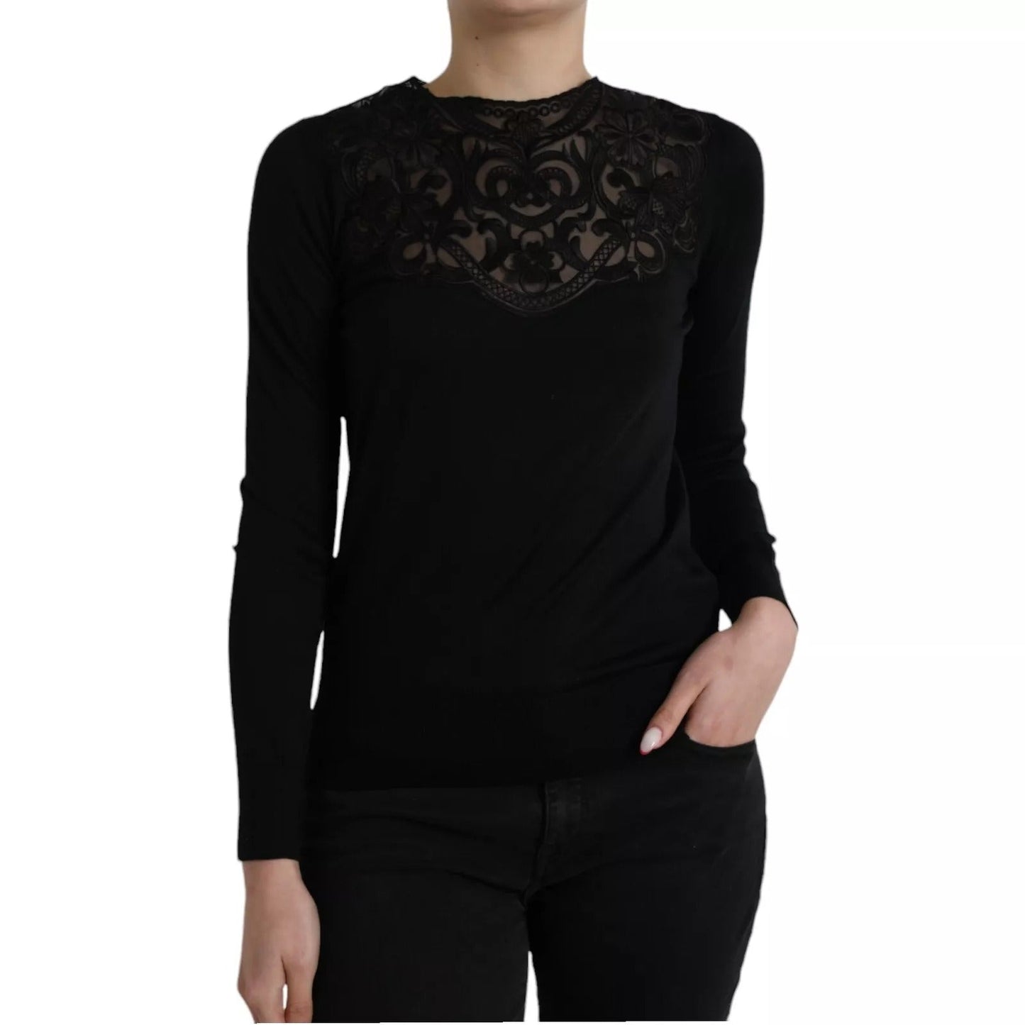 Dolce & Gabbana Black Silk Lace Trim Long Sleeves Blouse Top – IT40|S par Dolce & Gabbana | Disponible sur Sandy Store ByNet