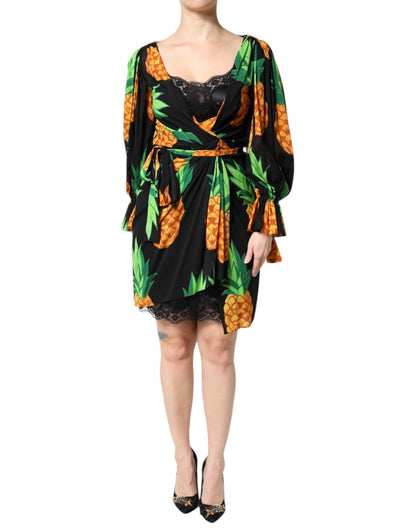 Dolce & Gabbana Black Silk Pineapple Draped Print Wrap Dress - Sandy Store ByNet