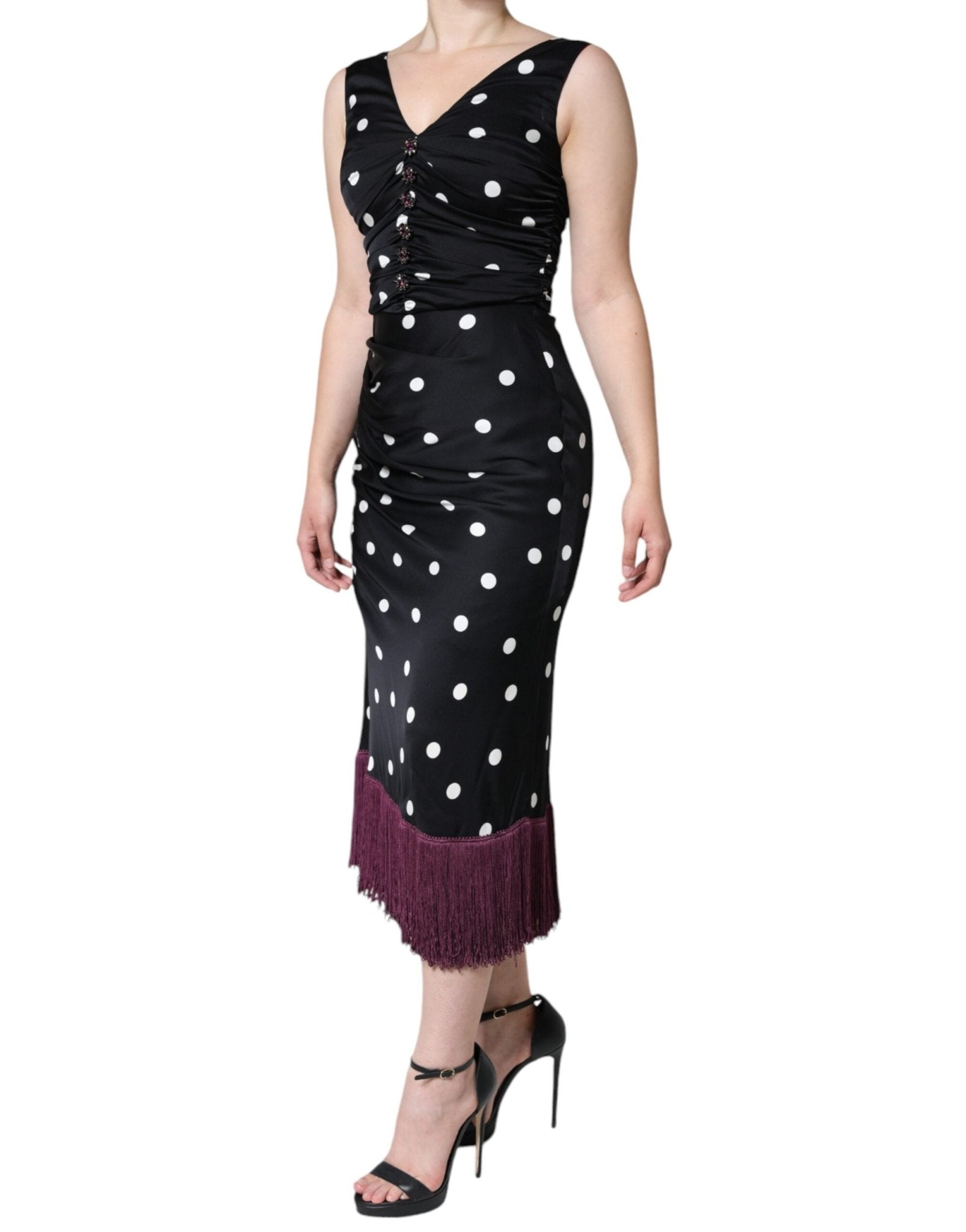 Dolce & Gabbana Black Silk Polka Dot Vneck Tassel Midi Dress – IT36|XXS par Dolce & Gabbana | Disponible sur Sandy Store ByNet