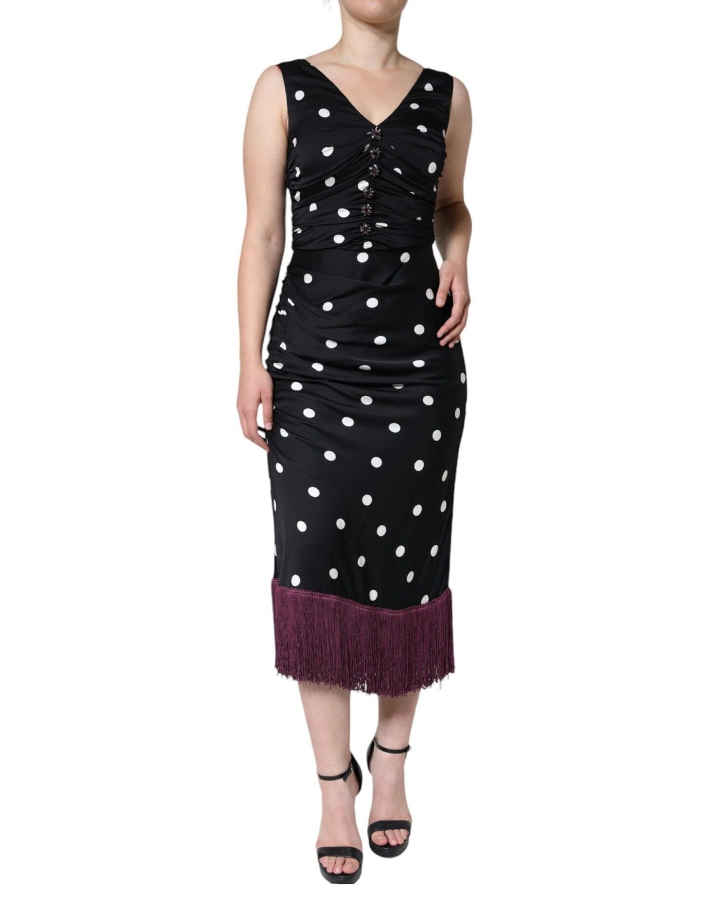 Dolce & Gabbana Black Silk Polka Dot Vneck Tassel Midi Dress – IT36|XXS par Dolce & Gabbana | Disponible sur Sandy Store ByNet