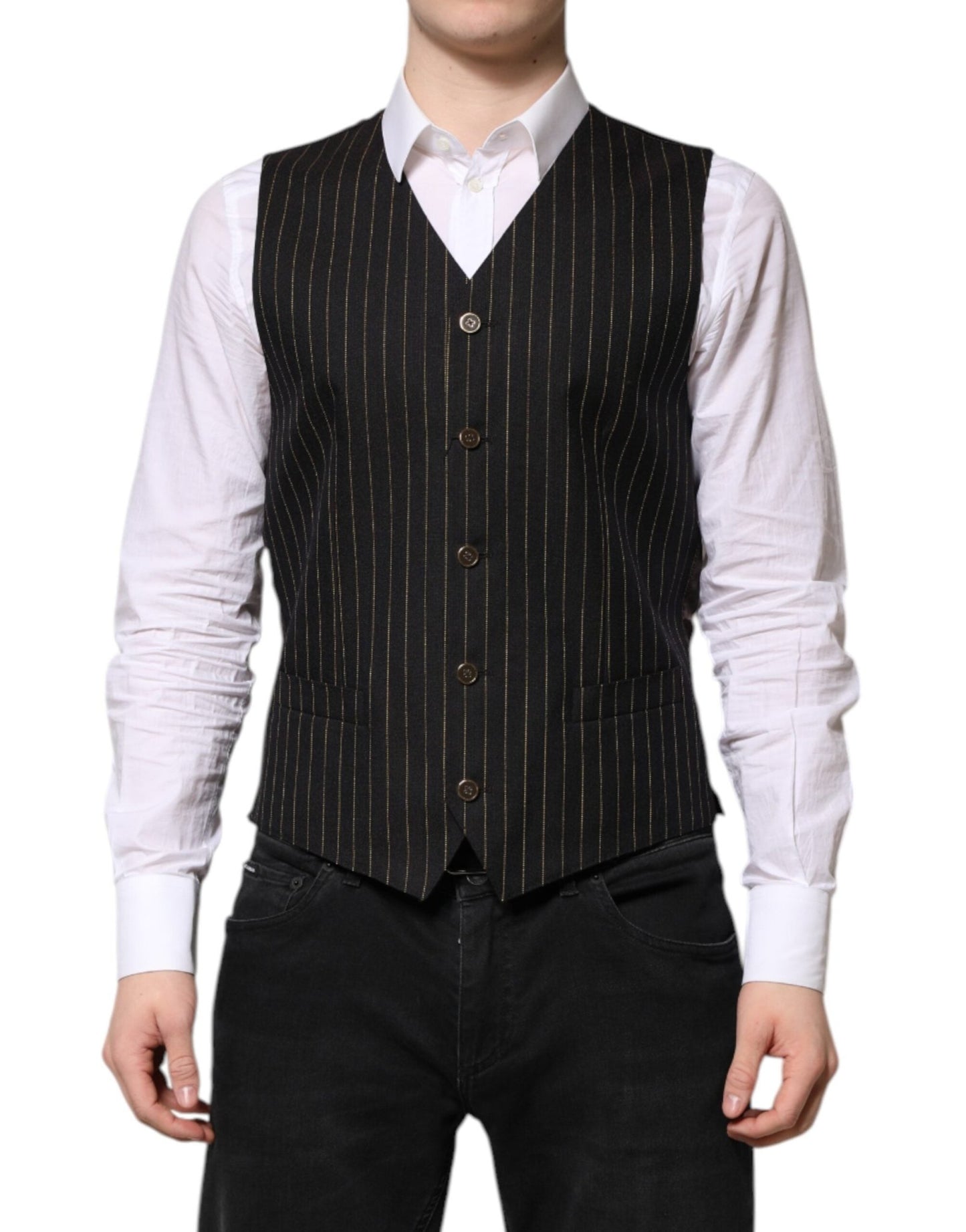 Dolce & Gabbana Black Stripes Wool Formal Men Waistcoat Vest – IT48 | M par Dolce & Gabbana | Disponible sur Sandy Store ByNet