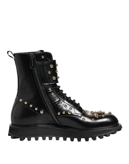 Dolce & Gabbana Black Studded Lace Up Mid Calf Boots Shoes – EU 42 | US 9 par Dolce & Gabbana | Disponible sur Sandy Store ByNet