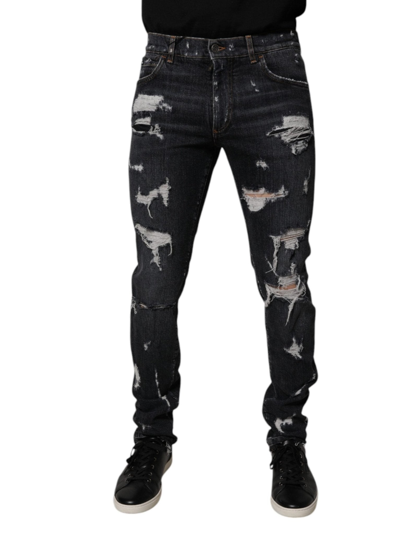 Dolce & Gabbana Black Tattered Cotton Skinny Men Denim Jeans – IT48 | M par Dolce & Gabbana | Disponible sur Sandy Store ByNet
