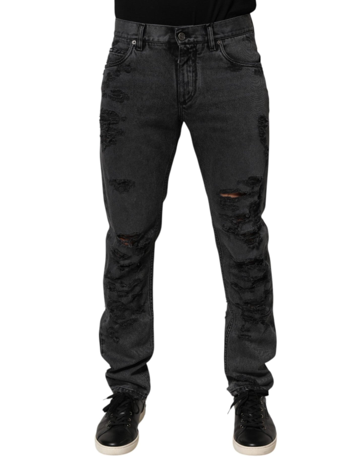 Dolce & Gabbana Black Tattered Skinny Cotton Men Denim Jeans – IT48 | M par Dolce & Gabbana | Disponible sur Sandy Store ByNet
