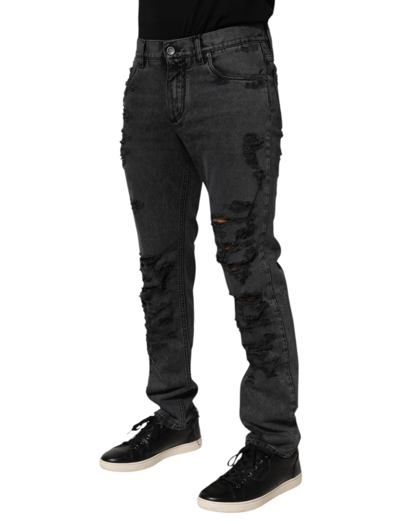 Dolce & Gabbana Black Tattered Skinny Cotton Men Denim Jeans – IT48 | M par Dolce & Gabbana | Disponible sur Sandy Store ByNet
