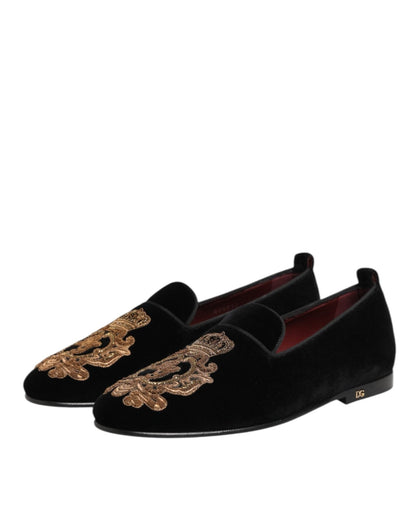 Dolce & Gabbana Black Velvet Gold Crown Mens Loafers Shoes – EU 40 | US 7 par Dolce & Gabbana | Disponible sur Sandy Store ByNet