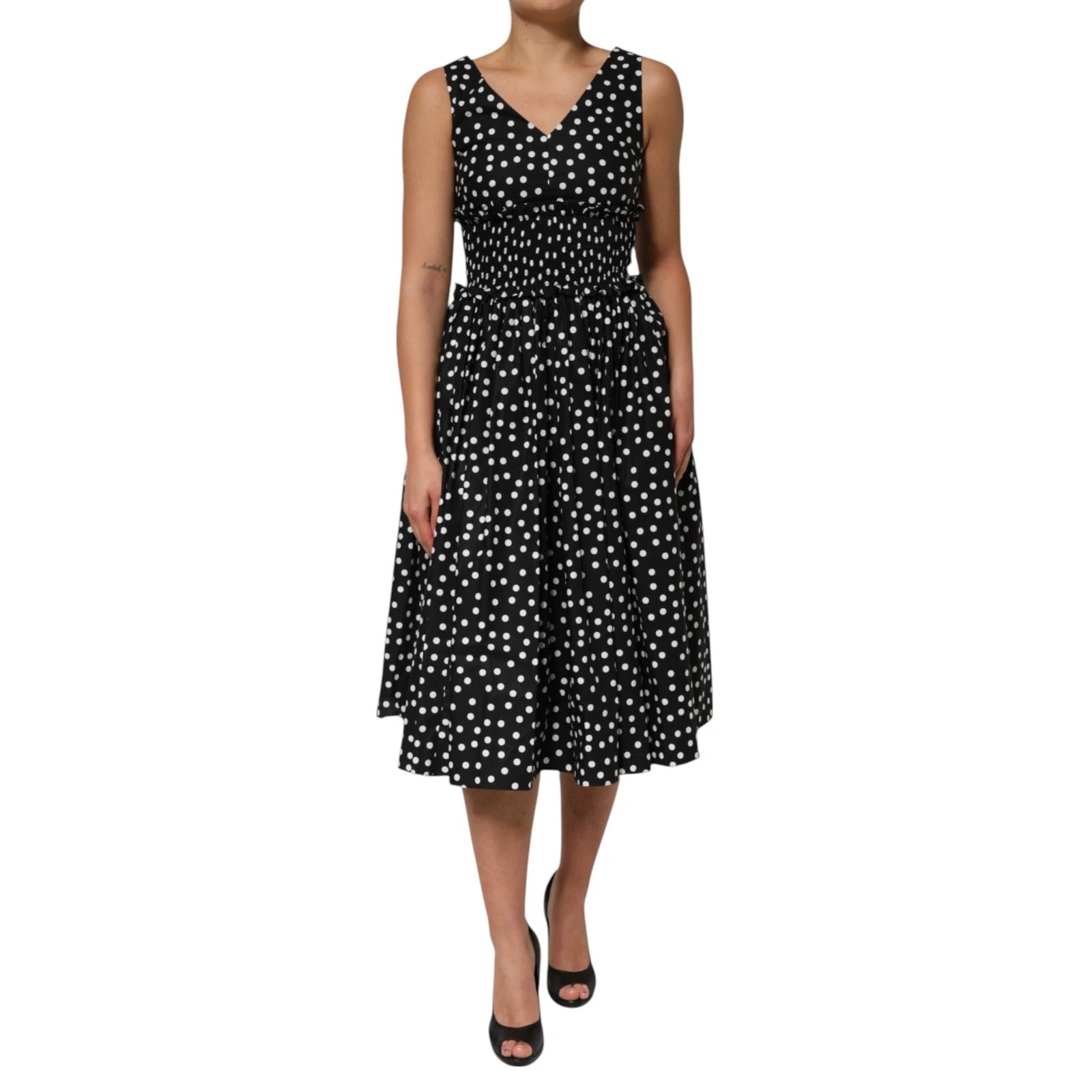 Dolce & Gabbana Black White Cotton Polka Dot Print V Neck Dress – IT40|S par Dolce & Gabbana | Disponible sur Sandy Store ByNet