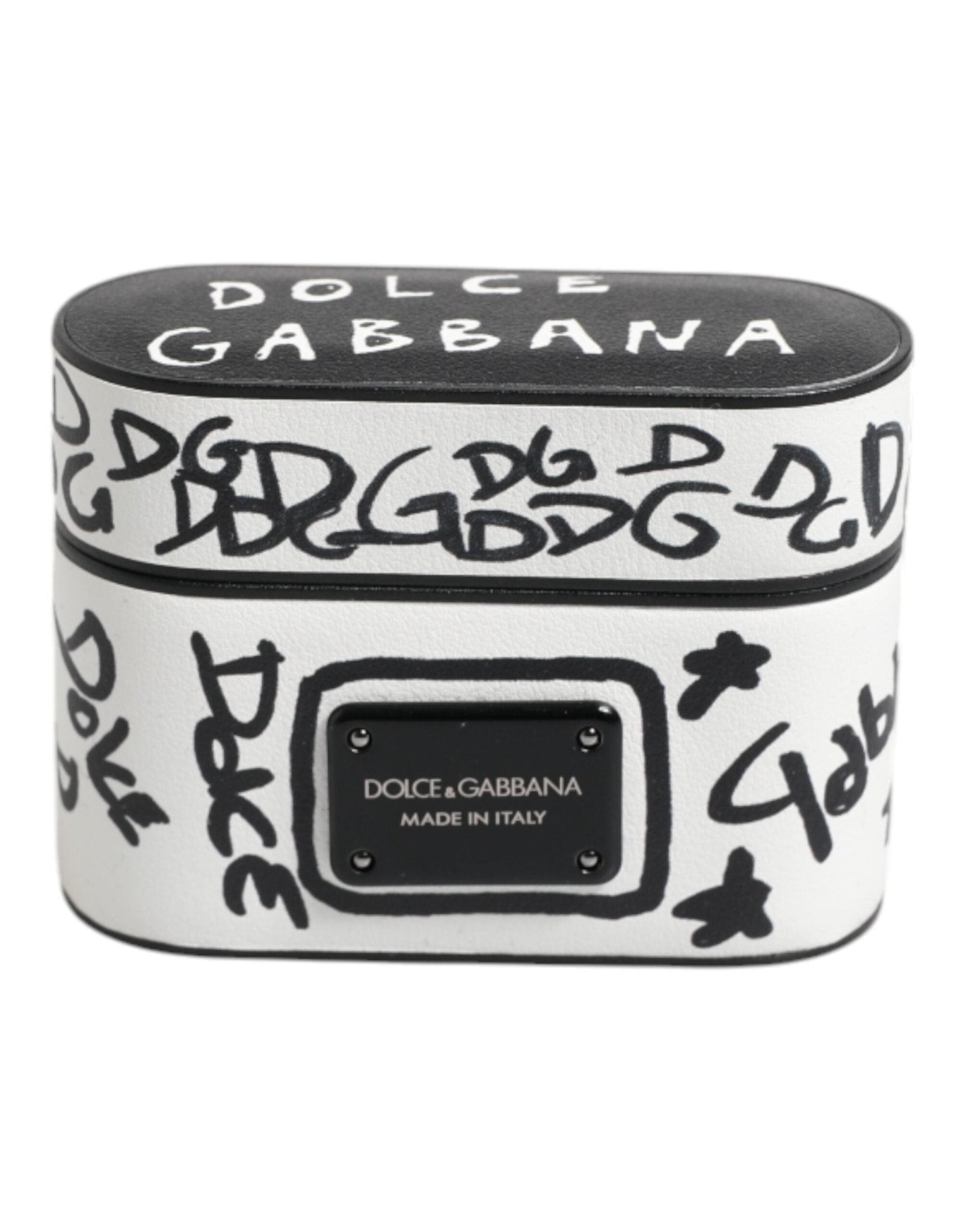 Dolce & Gabbana Black White Leather Scribble Embossed Logo Airpods Case – par Dolce & Gabbana | Disponible sur Sandy Store ByNet